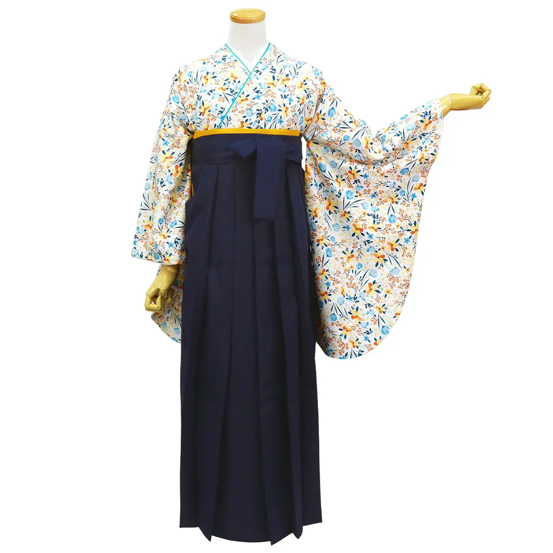 【人気セット】《Petale》白地にブルーとオレンジの小花柄・紺袴（無地） （二尺袖）／卒業式