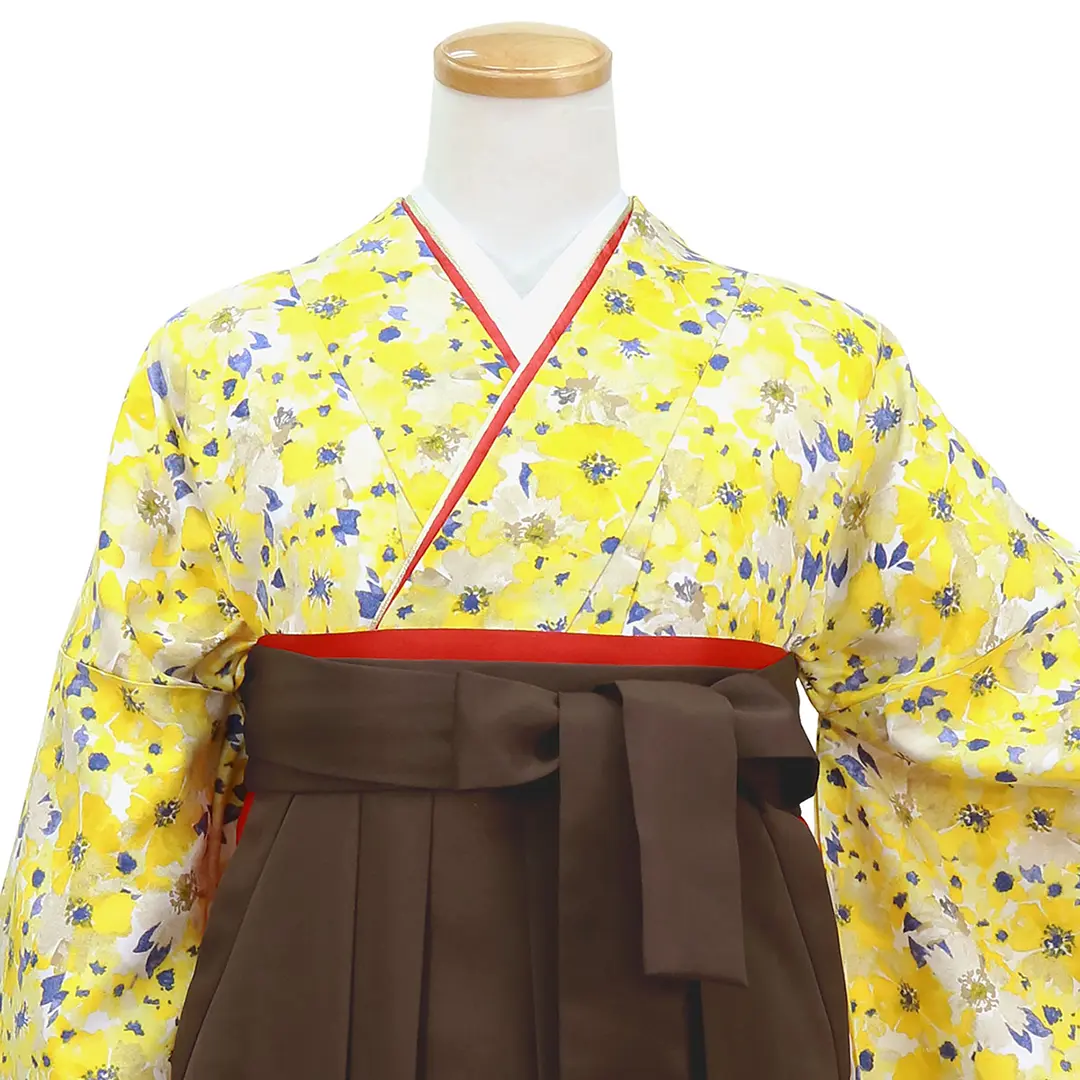 水彩ぼかし花柄（青と黄色）・茶色袴（無地） （二尺袖）／卒業式