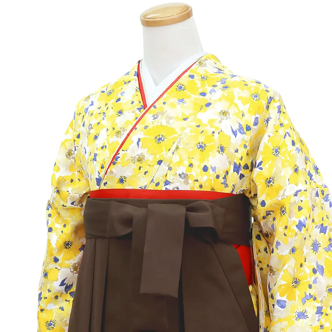 水彩ぼかし花柄（青と黄色）・茶色袴（無地） （二尺袖）／卒業式