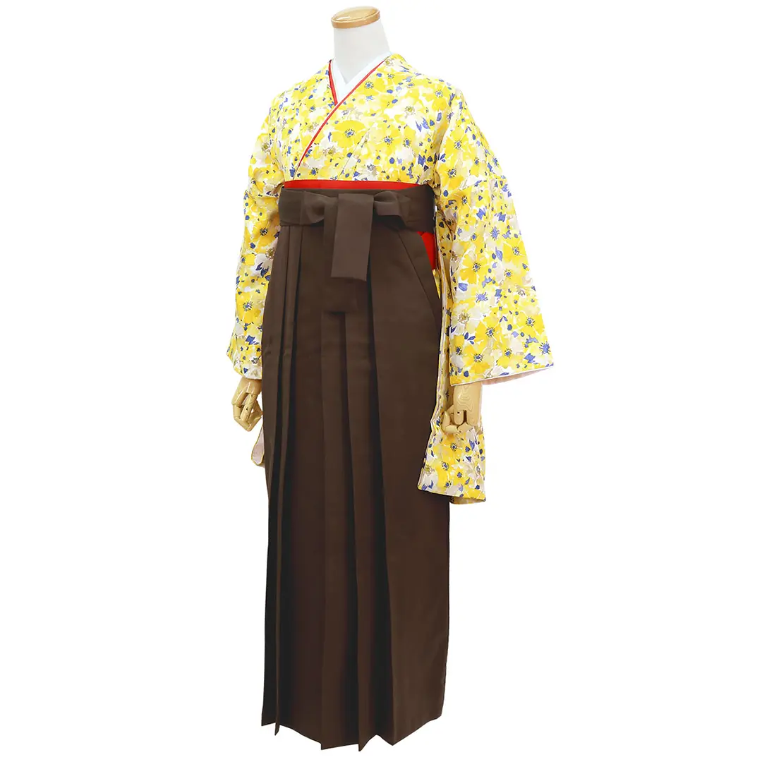 水彩ぼかし花柄（青と黄色）・茶色袴（無地） （二尺袖）／卒業式