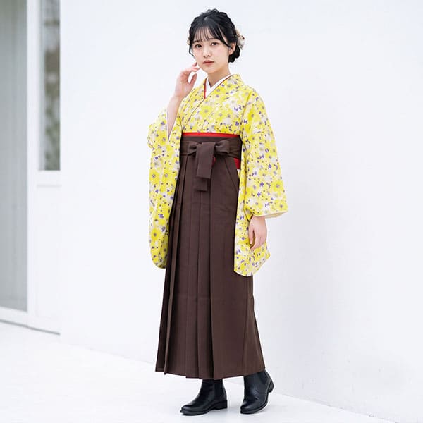 水彩ぼかし花柄（青と黄色）・茶色袴（無地） （二尺袖）／卒業式