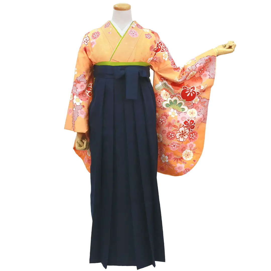 オレンジ地に桜と橘・紺袴（無地） （二尺袖）／卒業式 | 宅配着物
