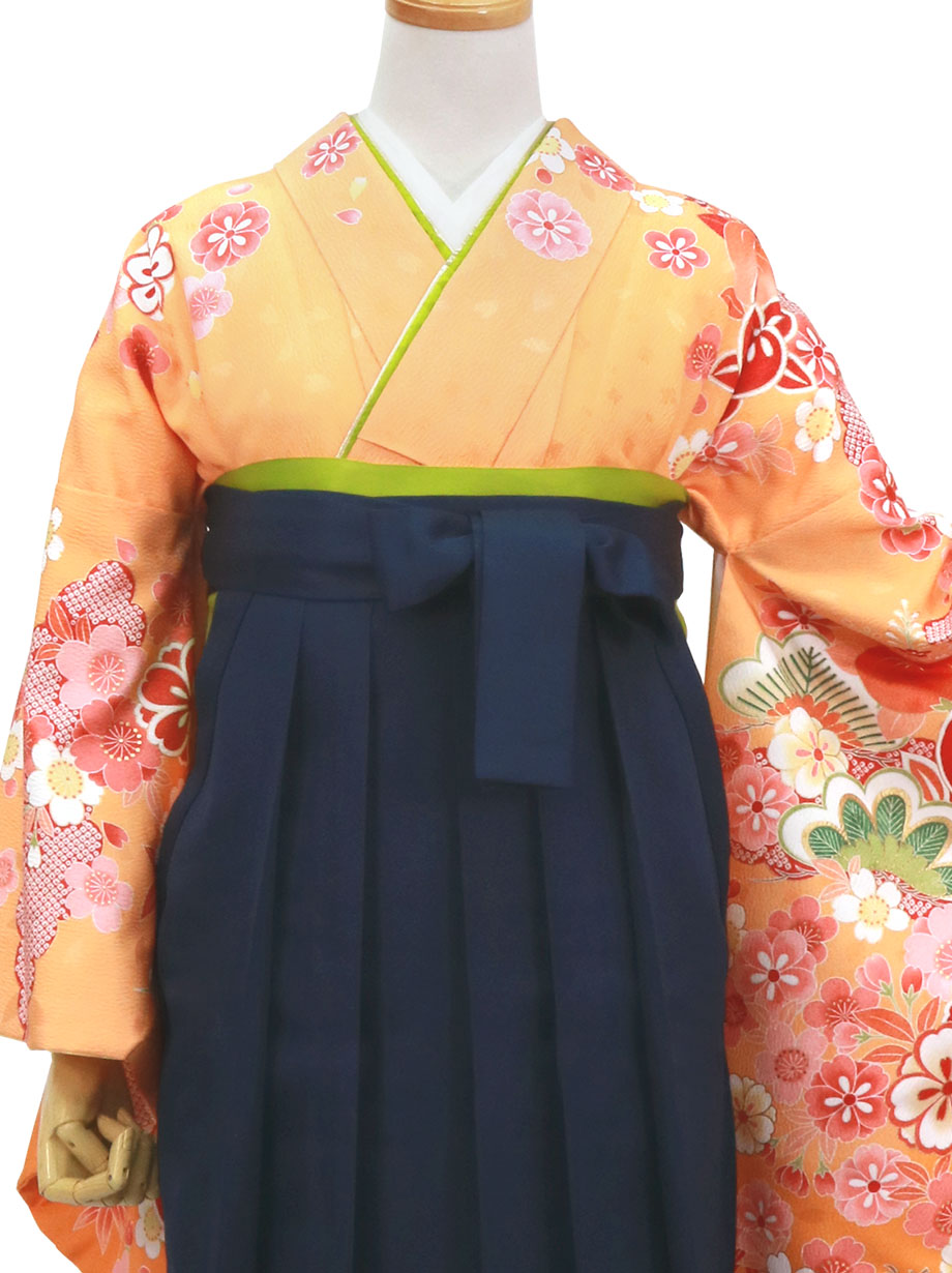 オレンジ地に桜と橘・紺袴（無地） （二尺袖）／卒業式 | 宅配