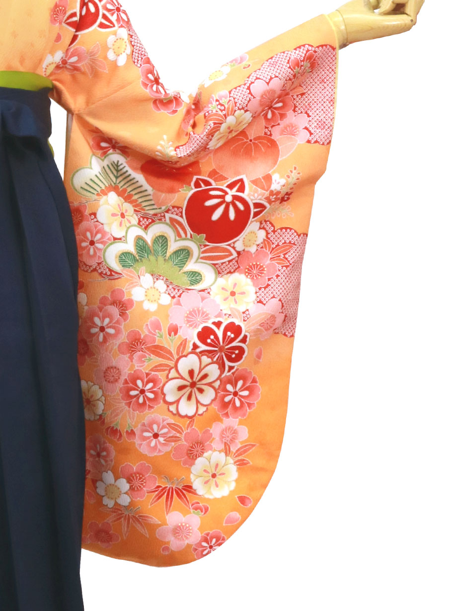 オレンジ地に桜と橘・紺袴（無地） （二尺袖）／卒業式 | 宅配着物