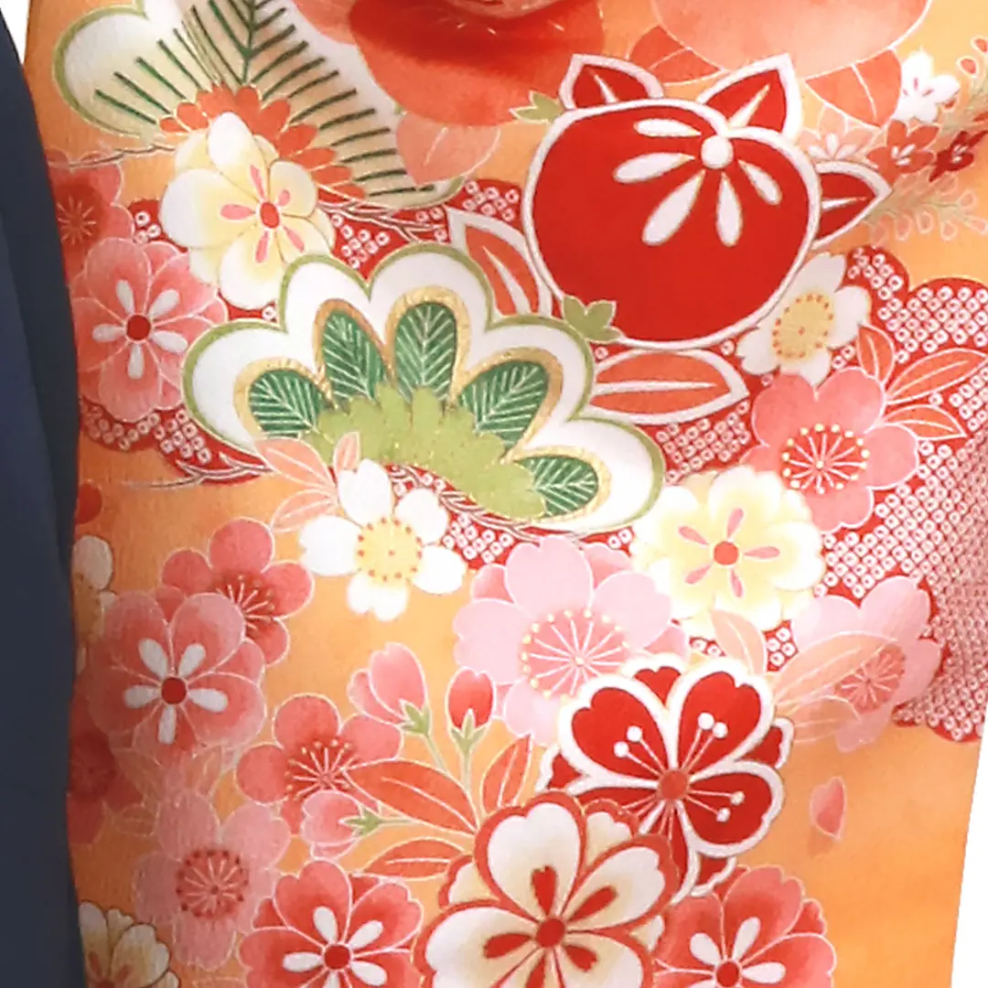 オレンジ地に桜と橘・紺袴（無地） （二尺袖）／卒業式 | 宅配着物