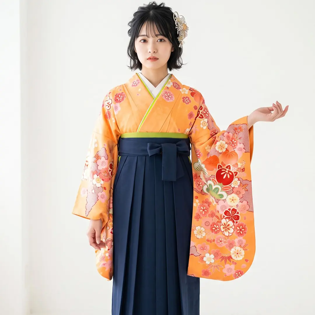 【人気セット】オレンジ地に桜と橘・紺袴（無地） （二尺袖）／卒業式／着用イメージ
