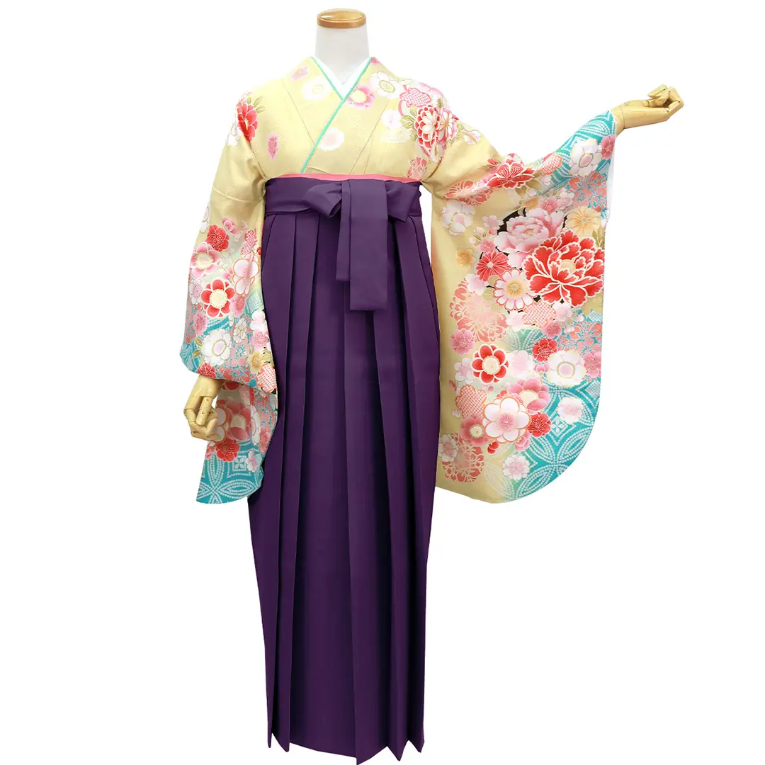 女郎花（おみなえし）色に牡丹と桜・紫袴（無地） （二尺袖）／卒業式