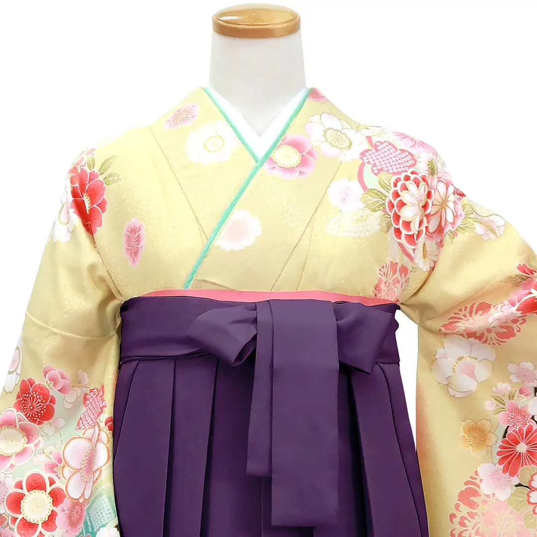 女郎花（おみなえし）色に牡丹と桜・紫袴（無地） （二尺袖）／卒業式