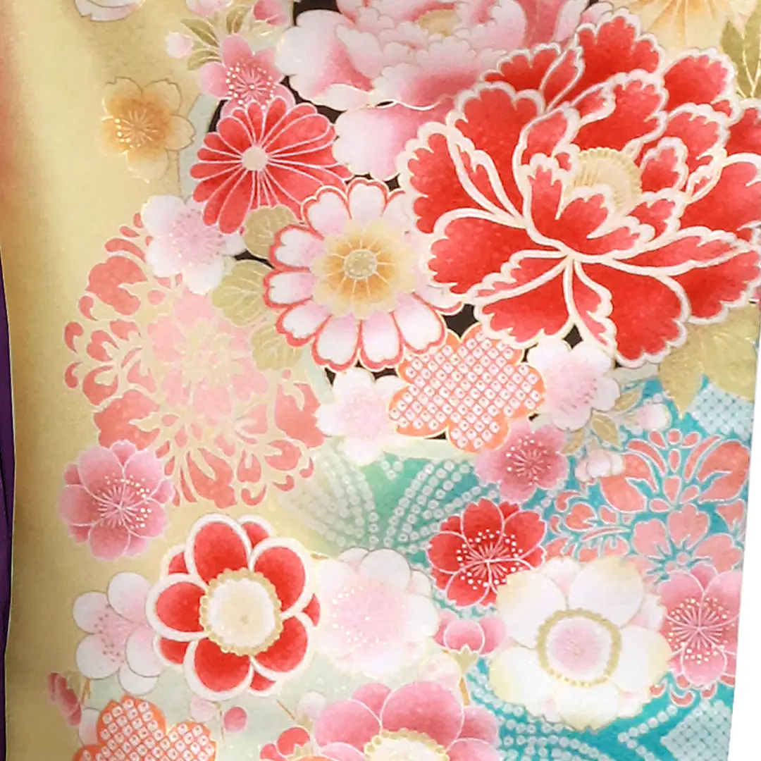 【人気セット】女郎花（おみなえし）色に牡丹と桜・紫袴（無地） （二尺袖）／卒業式 柄詳細