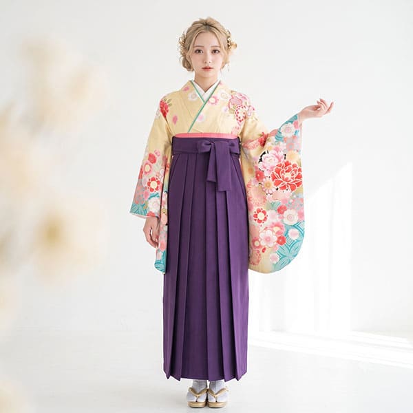 女郎花（おみなえし）色に牡丹と桜・紫袴（無地） （二尺袖）／卒業式