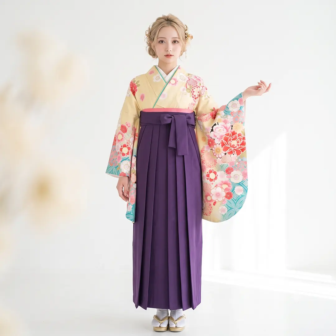 女郎花（おみなえし）色に牡丹と桜・紫袴（無地） （二尺袖）／卒業式