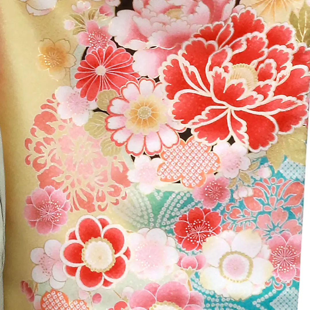 【人気セット】女郎花（おみなえし）色に牡丹と桜・くすみグリーン袴（無地） （二尺袖）／卒業式／柄詳細