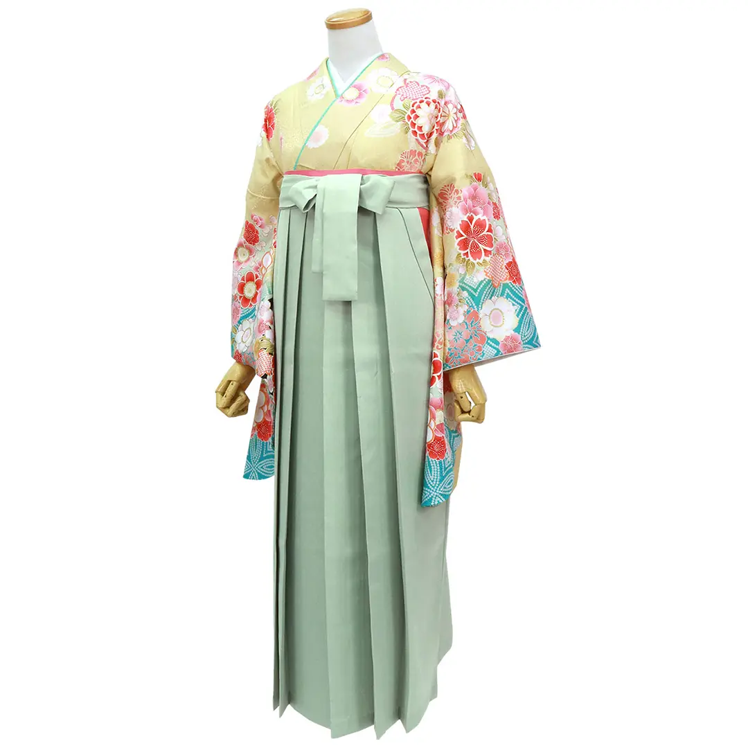 【人気セット】女郎花（おみなえし）色に牡丹と桜・くすみグリーン袴（無地） （二尺袖）／卒業式／斜め