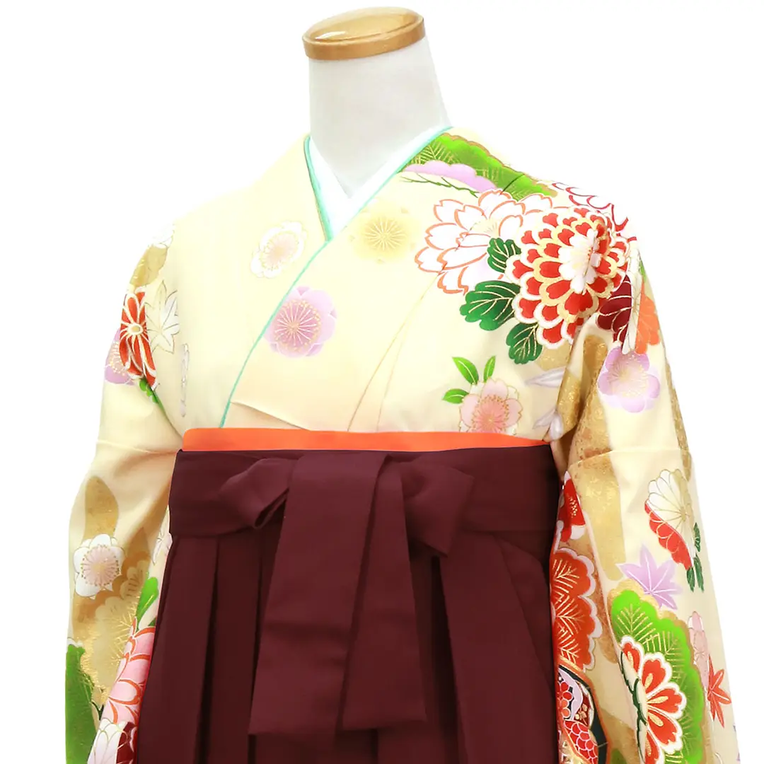 【人気セット】クリーム色地に花と貝桶・臙脂袴（無地） （二尺袖）／卒業式／斜め詳細