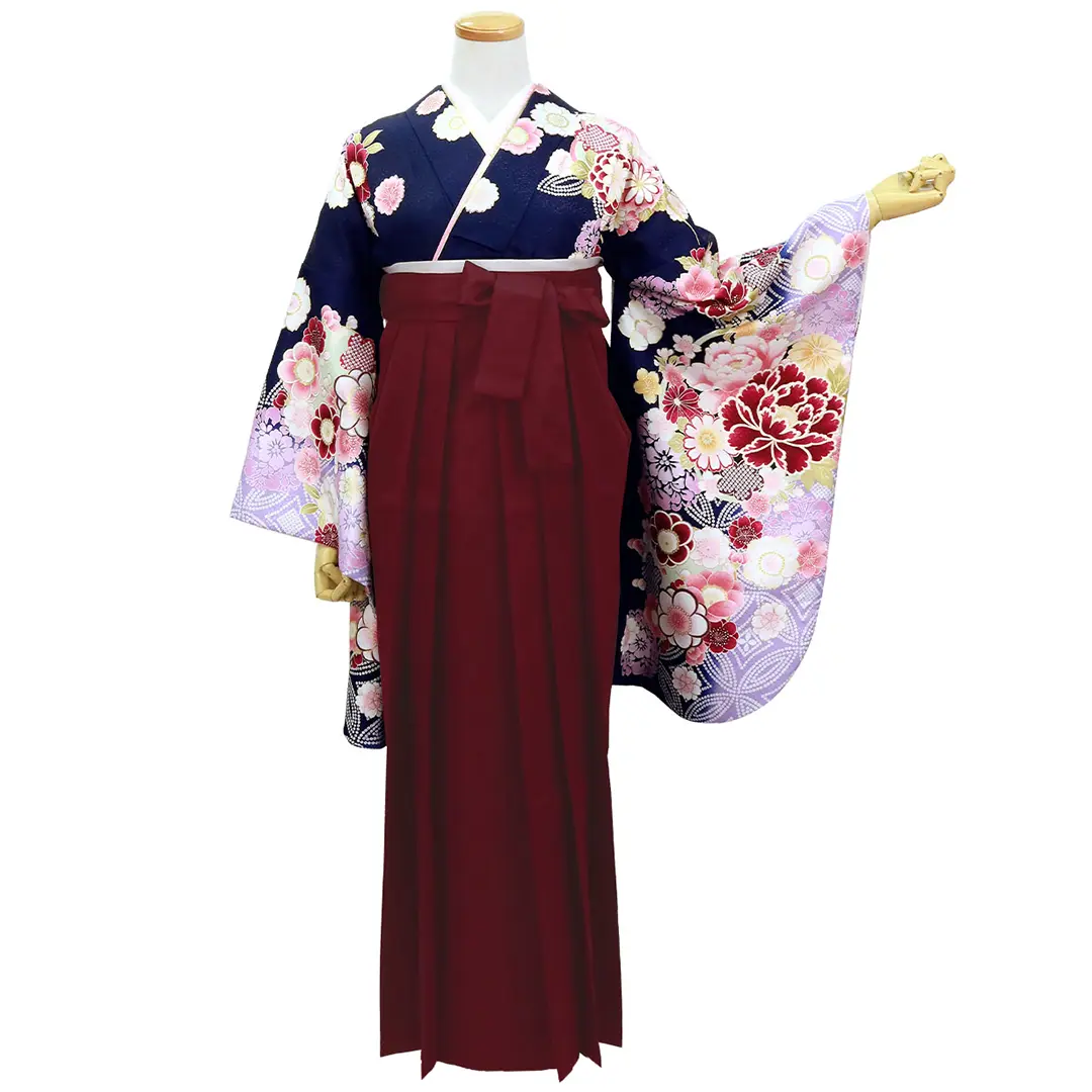 卒業式袴レンタル／紺色に牡丹と桜・臙脂袴（無地） （二尺袖）／卒業