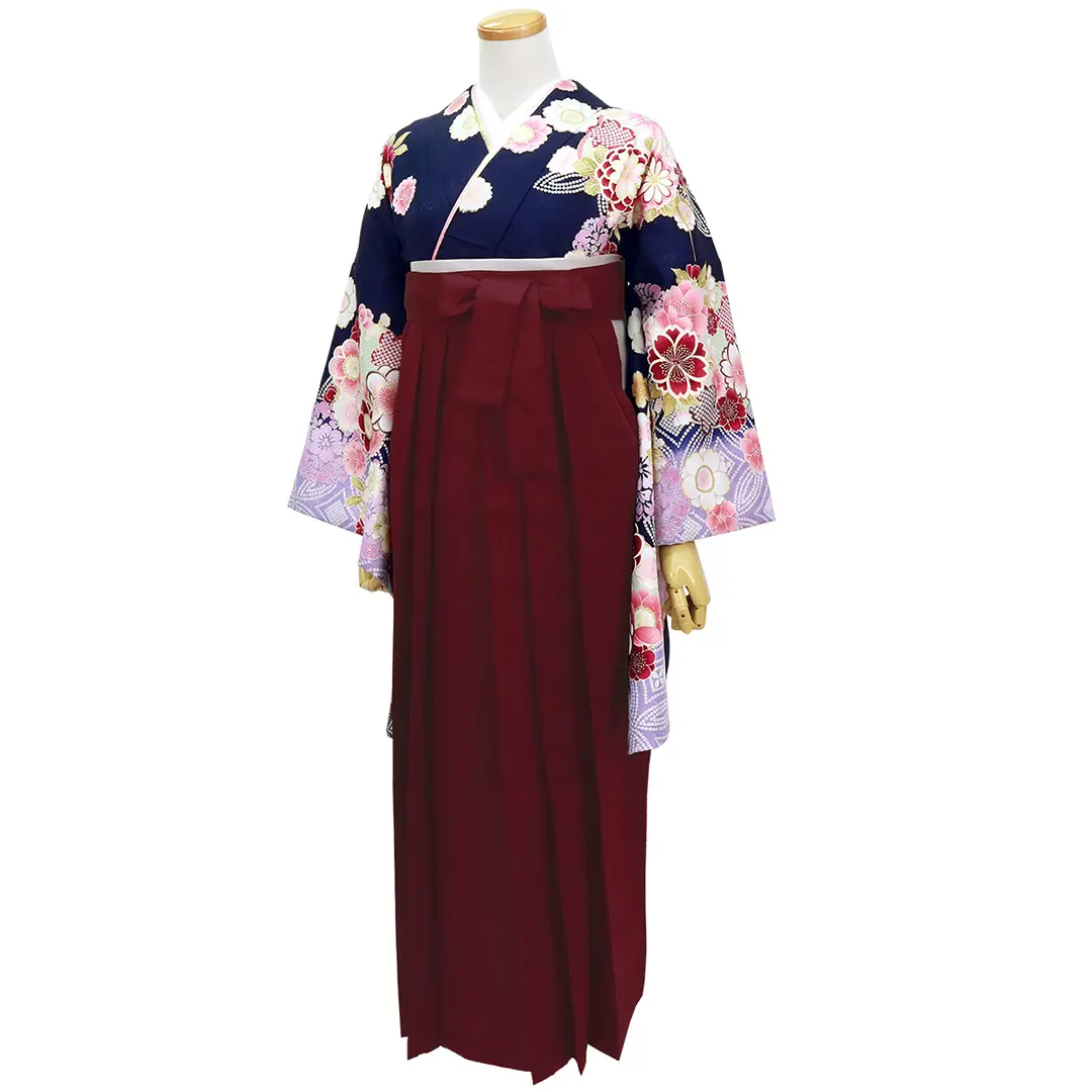 卒業式袴レンタル／紺色に牡丹と桜・臙脂袴（無地） （二尺袖）／卒業