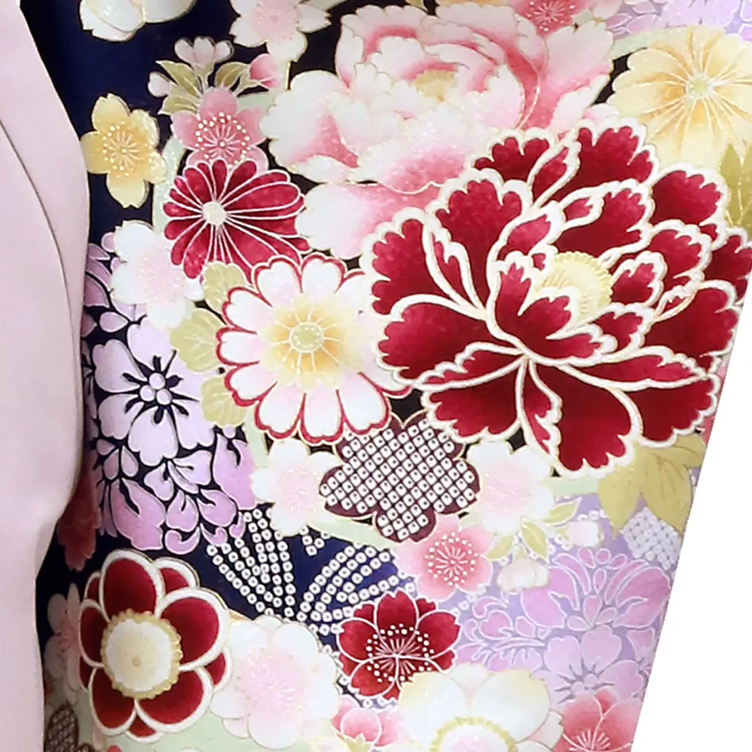 【人気セット】紺色に牡丹と桜・くすみピンク袴（無地） （二尺袖）／卒業式／柄詳細