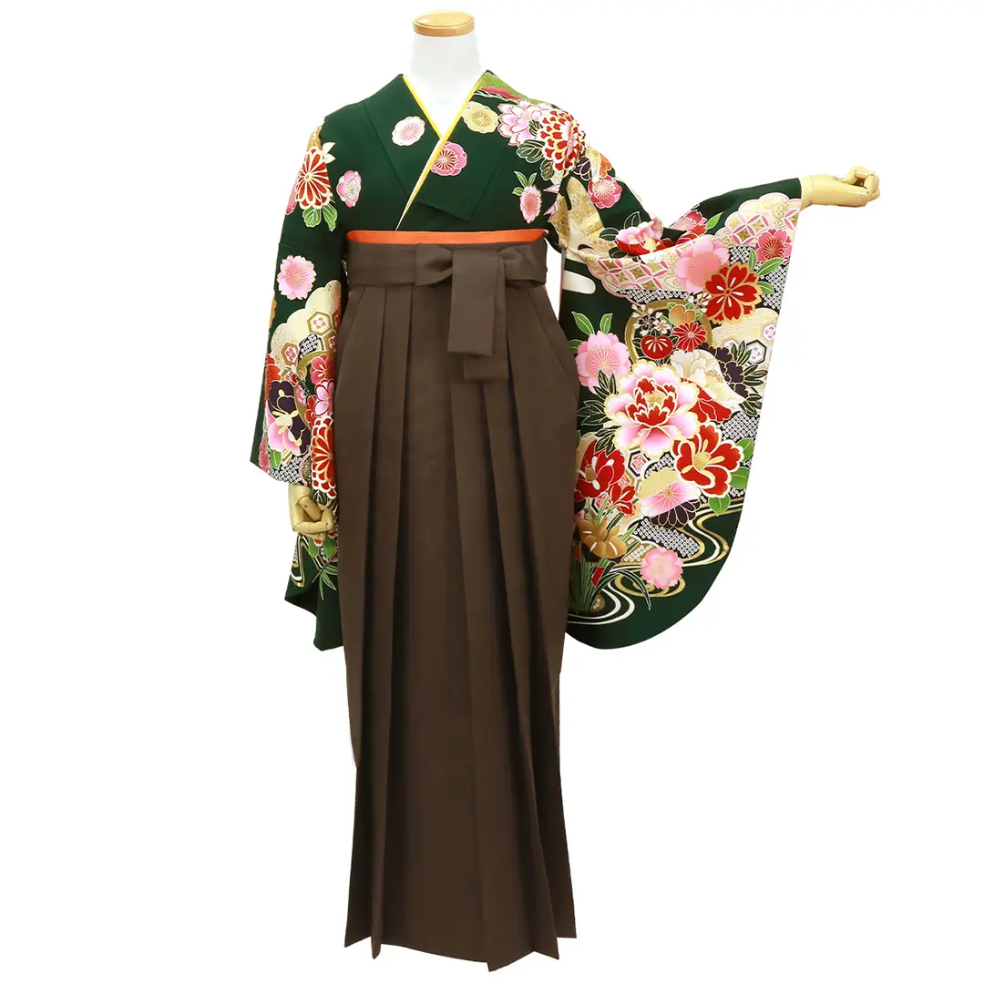 深緑地に流水と杜若と花・茶色袴（無地） （二尺袖）／卒業式 | 宅配