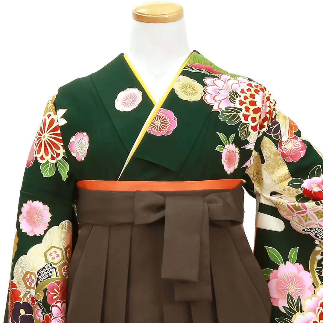 深緑地に流水と杜若と花・茶色袴（無地） （二尺袖）／卒業式 | 宅配