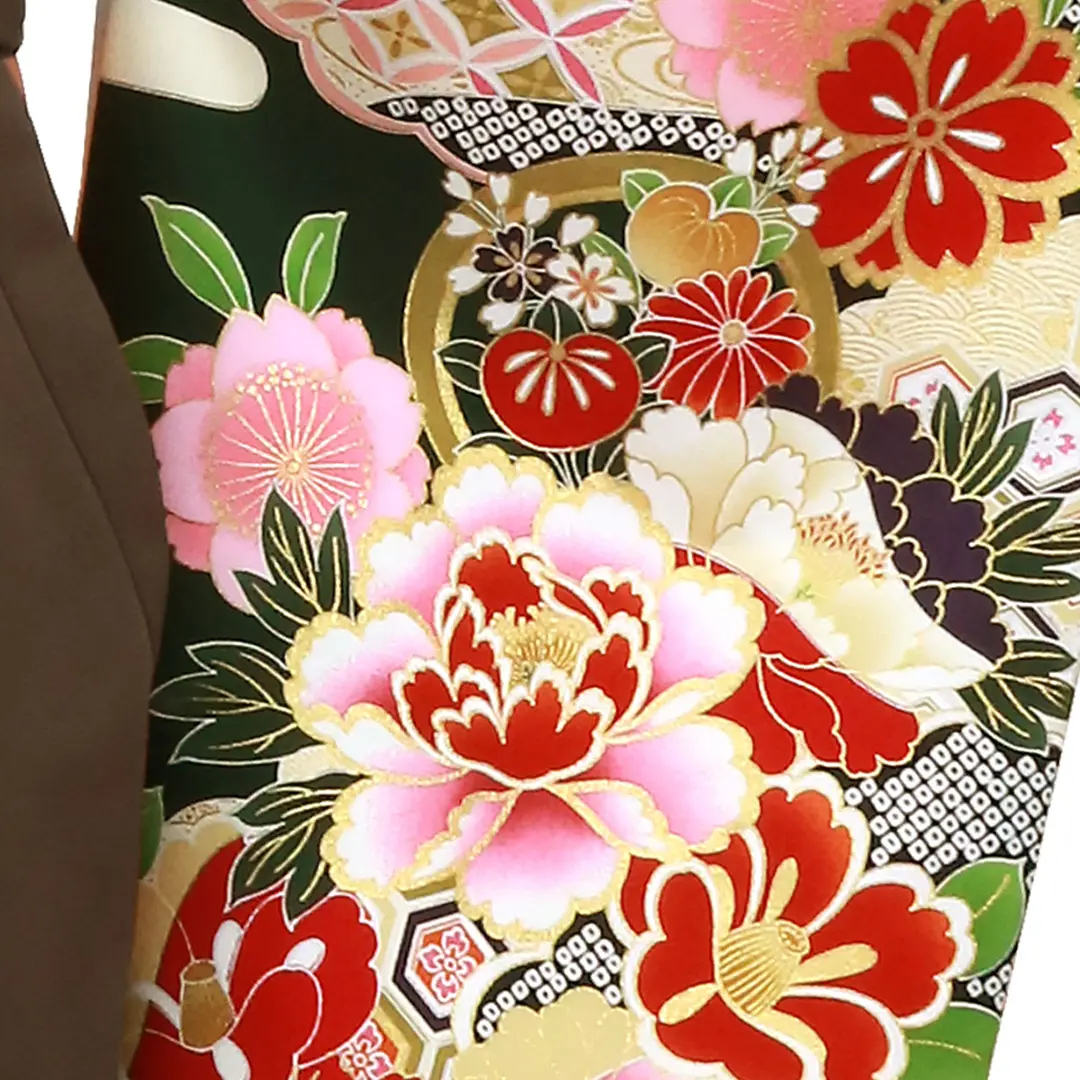 深緑地に流水と杜若と花・茶色袴（無地） （二尺袖）／卒業式 | 宅配