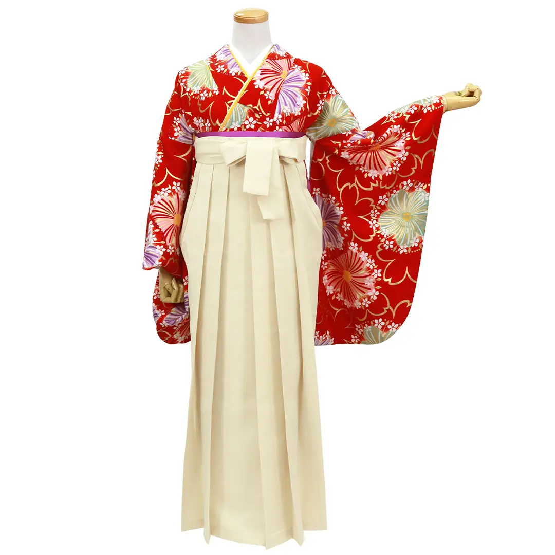 深緋・（こきひ）地に桜柄・アイボリー袴（無地）（二尺袖）／卒業式／正面