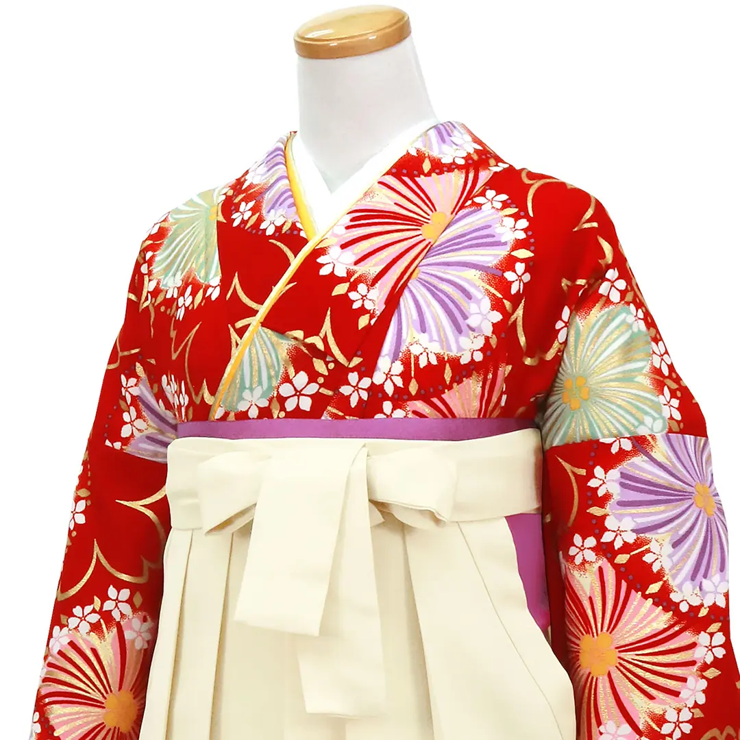 深緋・（こきひ）地に桜柄・アイボリー袴（無地）（二尺袖）／卒業式／斜め詳細