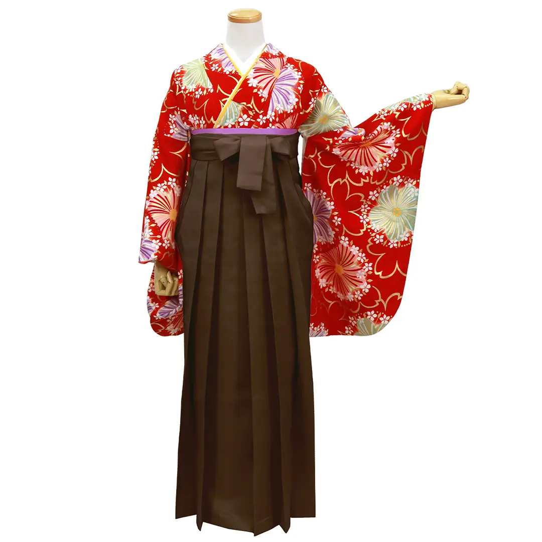 深緋（こきひ）地に桜柄・茶色袴（無地） （二尺袖）／卒業式 | 宅配