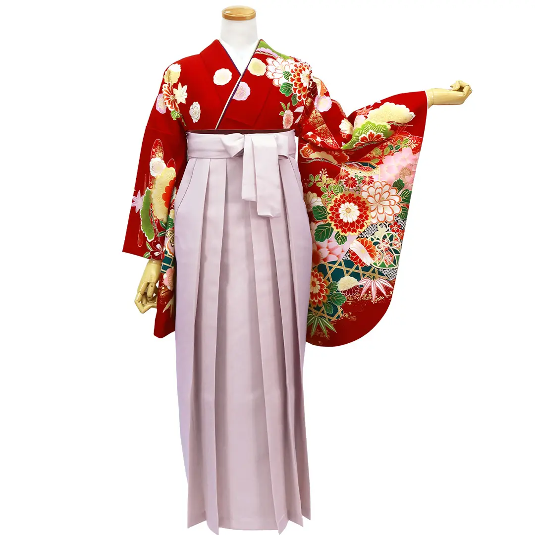 【人気セット】赤地に花と貝桶・くすみピンク袴（無地） （二尺袖）／卒業式／正面