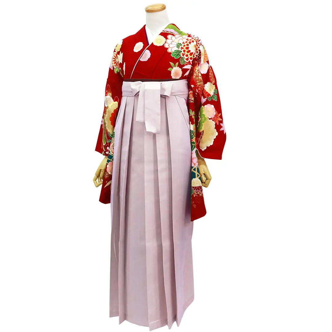 【人気セット】赤地に花と貝桶・くすみピンク袴（無地） （二尺袖）／卒業式／斜め