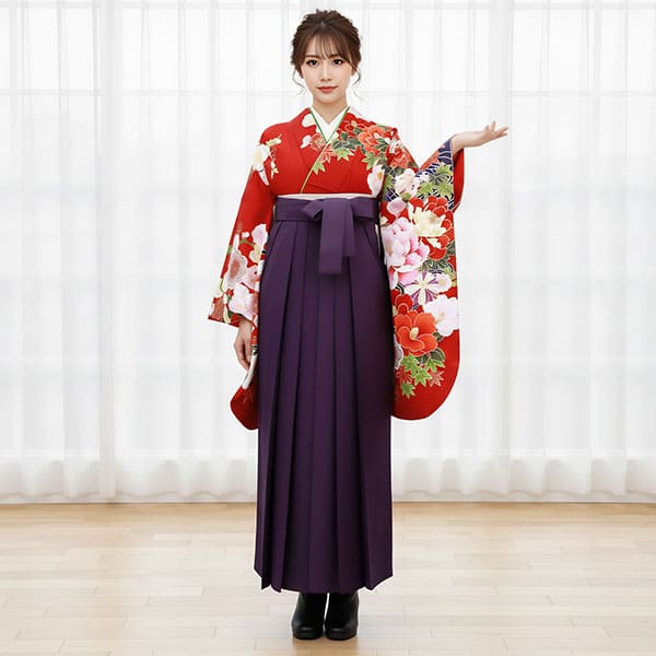 赤地に流水と四季花・紫袴（無地）（二尺袖）／卒業式