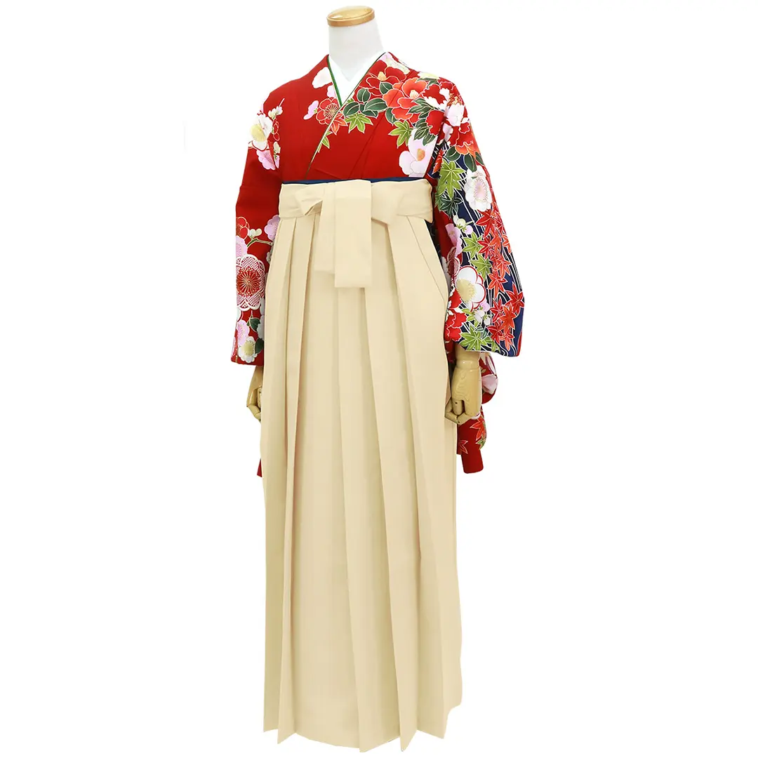 赤地に流水と四季花・アイボリー袴（無地）（二尺袖）／卒業式／斜め