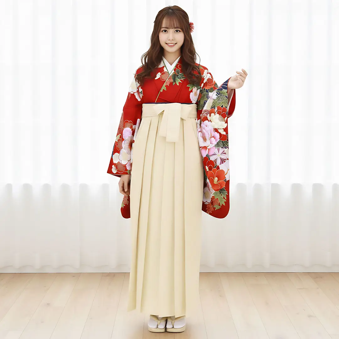 赤地に流水と四季花・アイボリー袴（無地）（二尺袖）／卒業式／着用イメージ