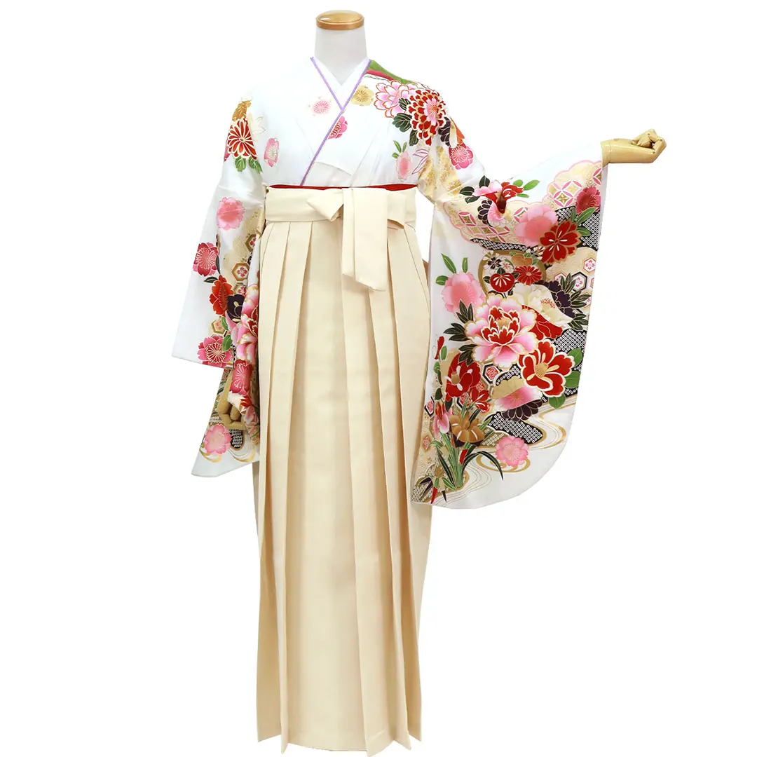 白地に流水と杜若と花・アイボリー袴（二尺袖）／卒業式／正面