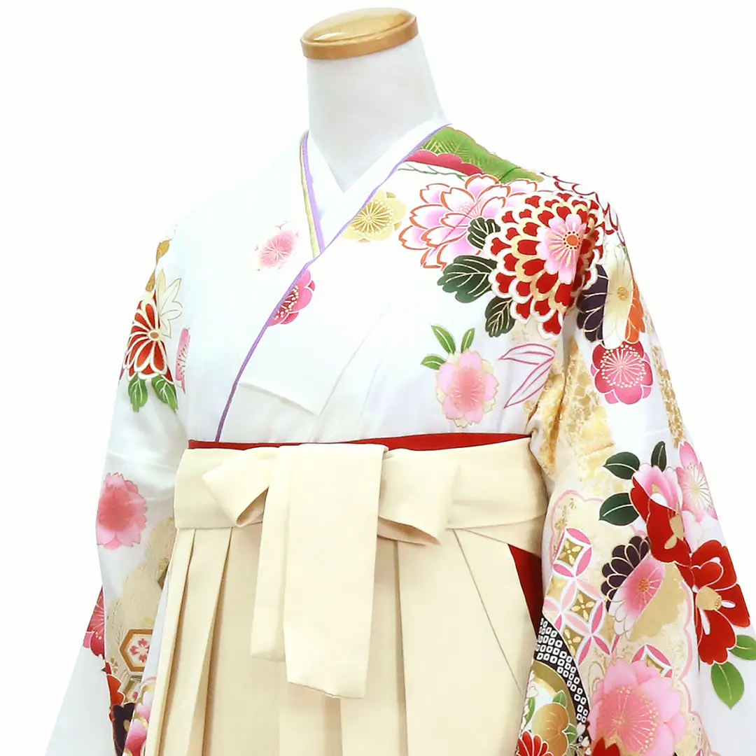 白地に流水と杜若と花・アイボリー袴（二尺袖）／卒業式／斜め詳細