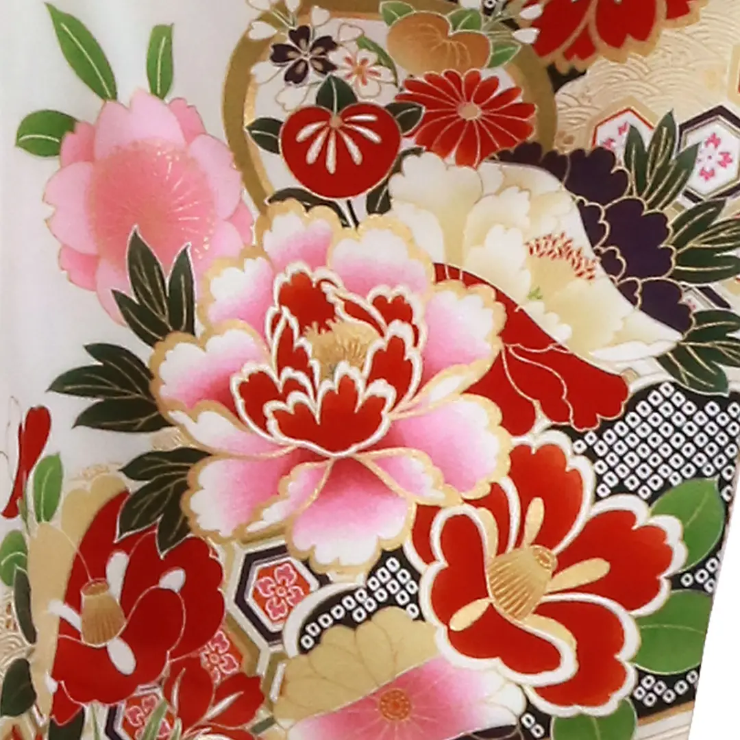 白地に流水と杜若と花・アイボリー袴（二尺袖）／卒業式／斜め詳細