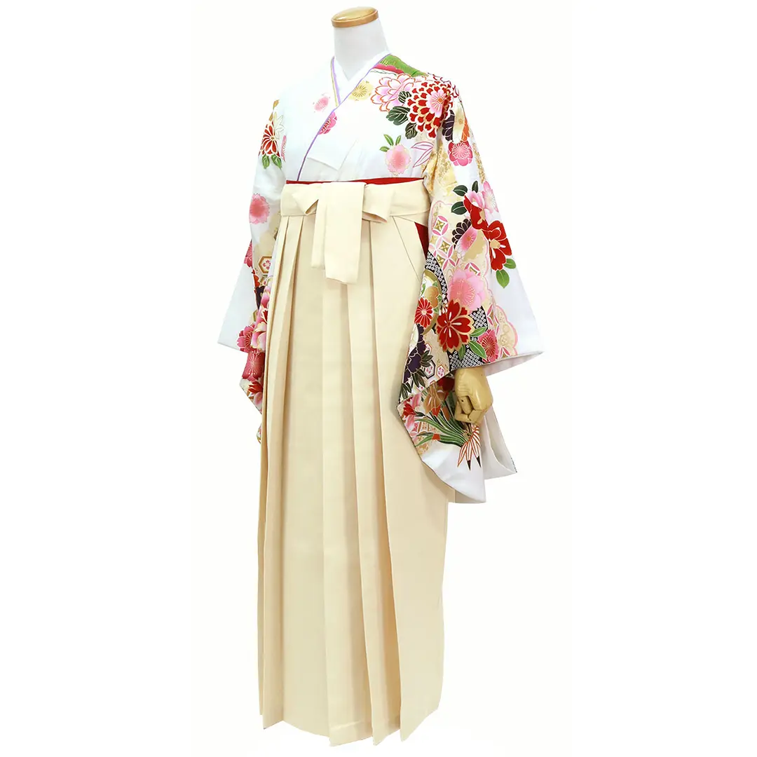 白地に流水と杜若と花・アイボリー袴（二尺袖）／卒業式／柄詳細