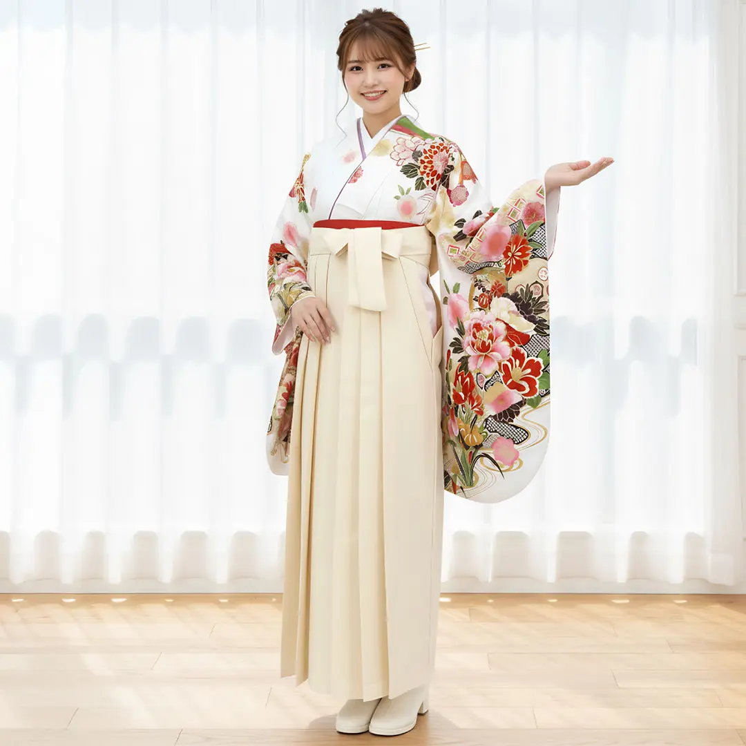 白地に流水と杜若と花・アイボリー袴（二尺袖）／卒業式／着用イメージ