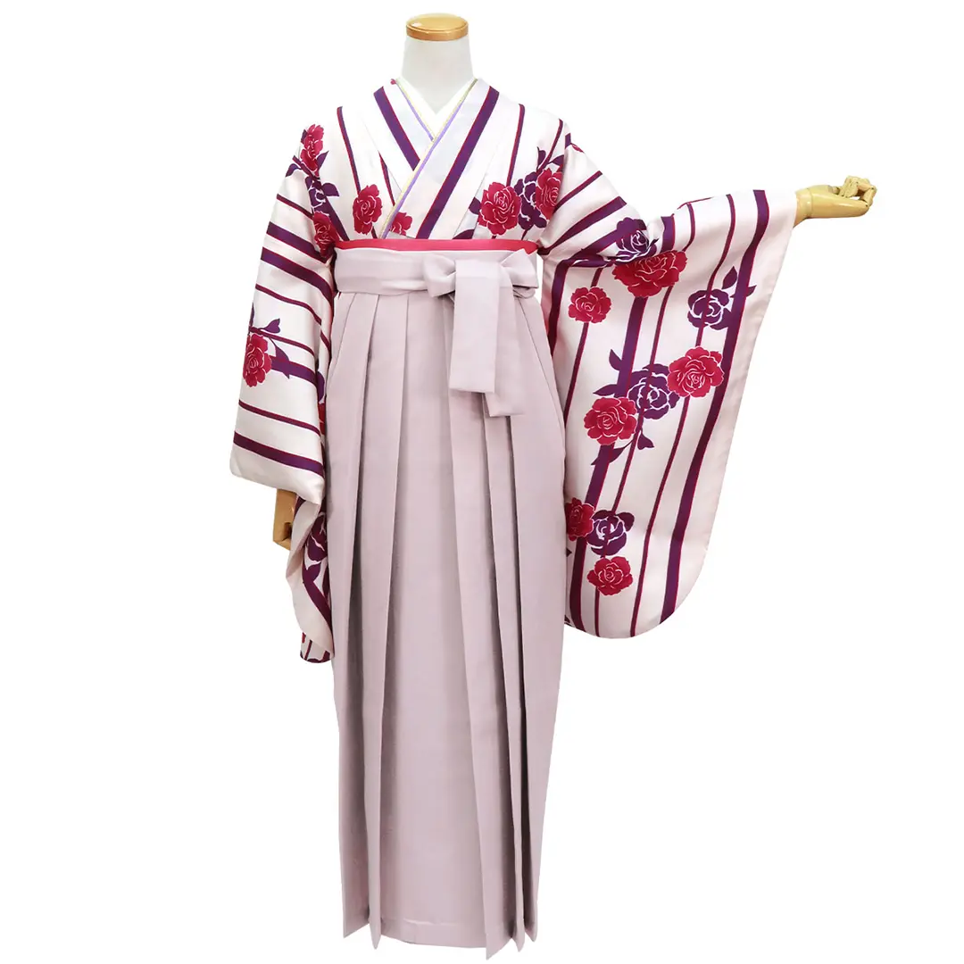 【人気セット】白地に紫の縞とバラ・くすみピンク袴（無地） （二尺袖）／卒業式／正面