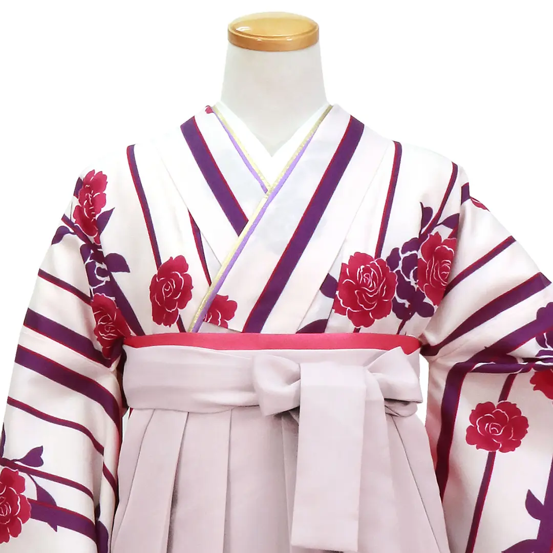 【人気セット】白地に紫の縞とバラ・くすみピンク袴（無地） （二尺袖）／卒業式／正面詳細