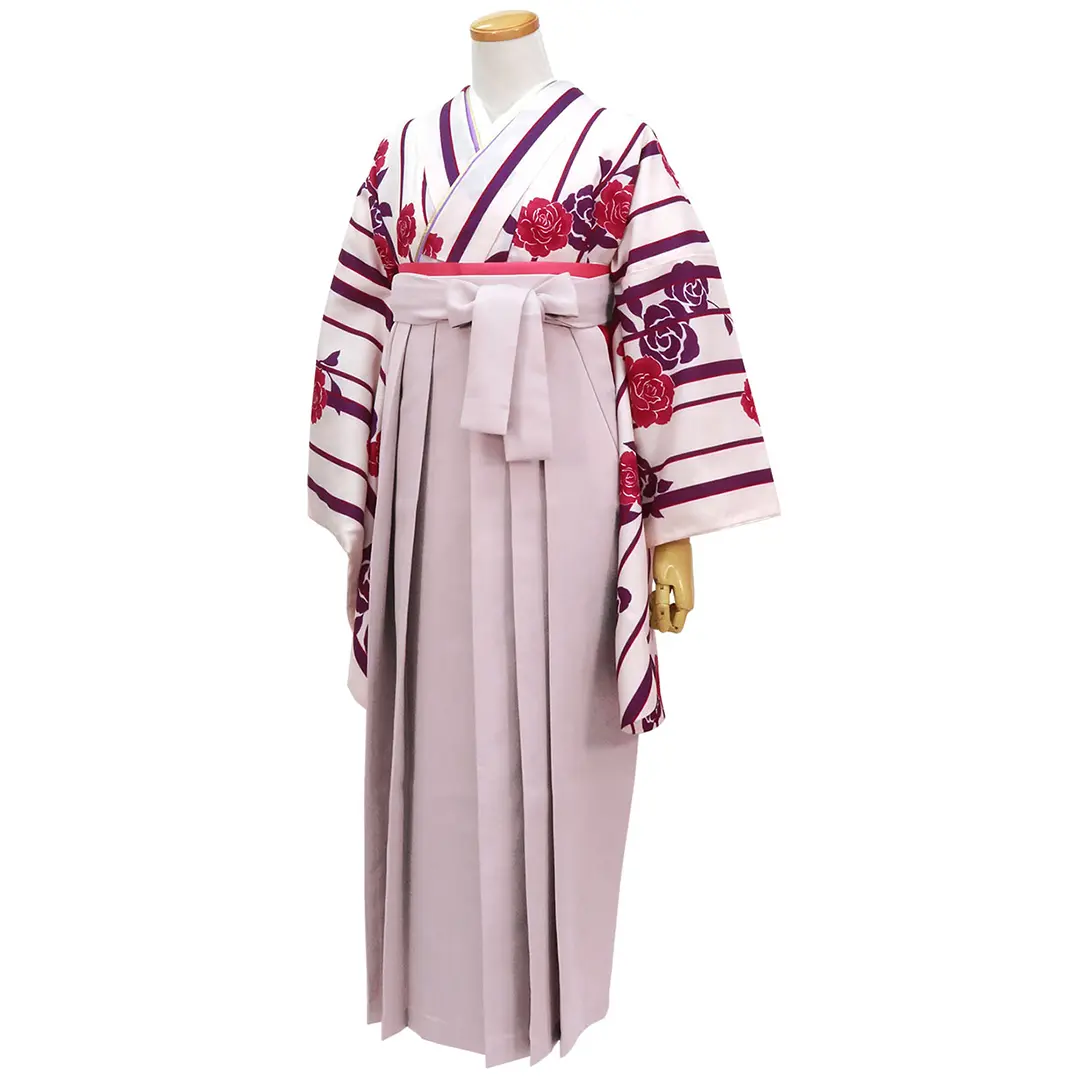 【人気セット】白地に紫の縞とバラ・くすみピンク袴（無地） （二尺袖）／卒業式／斜め