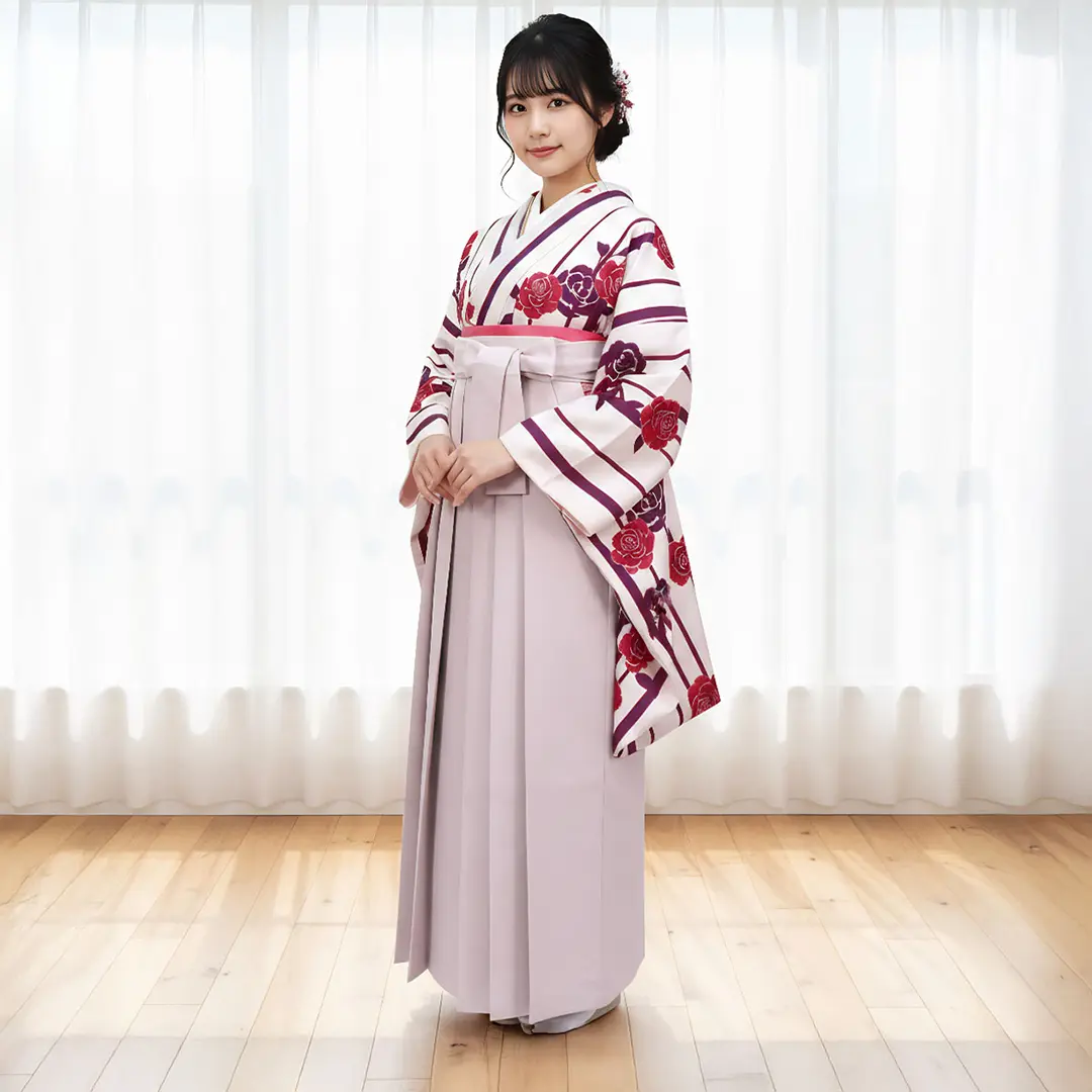 【人気セット】白地に紫の縞とバラ・くすみピンク袴（無地） （二尺袖）／卒業式／着用イメージ