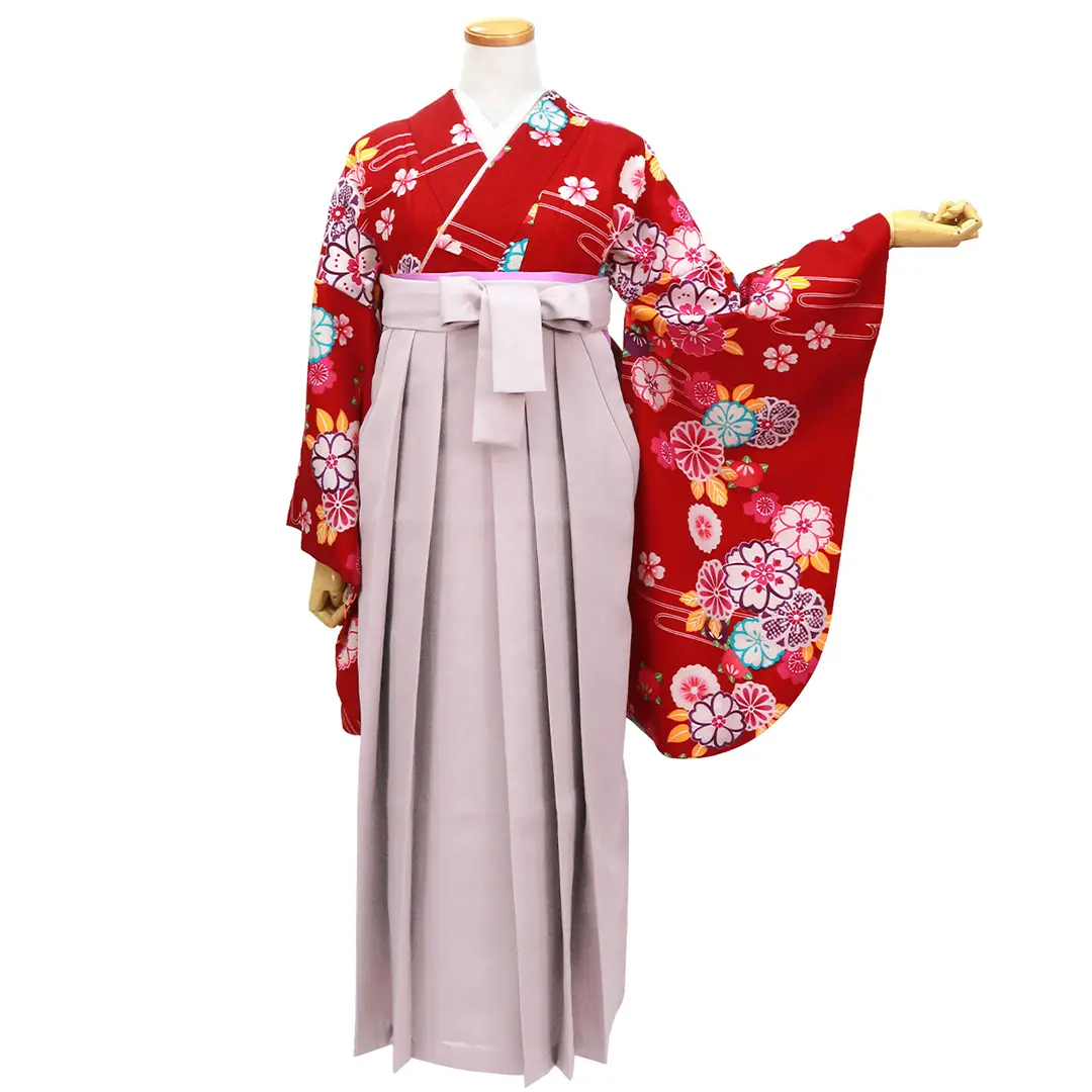 茜色に流水と四季花・くすみピンク袴（二尺袖）／卒業式／正面