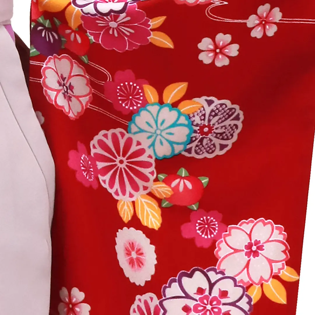 茜色に流水と四季花・くすみピンク袴（二尺袖）／卒業式／柄詳細