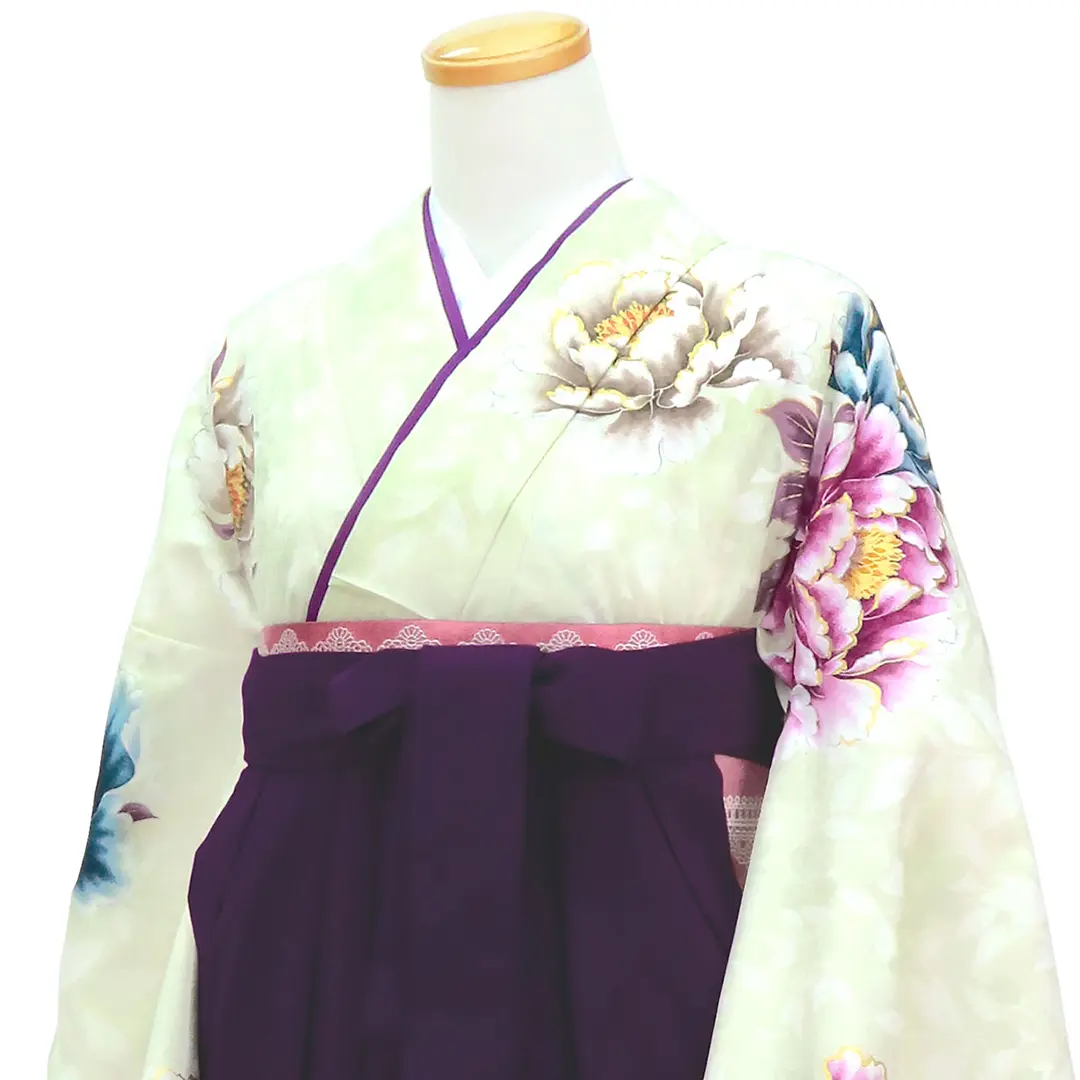 淡黄緑色に大輪の牡丹・紫袴（無地）（二尺袖）／卒業式／斜め詳細