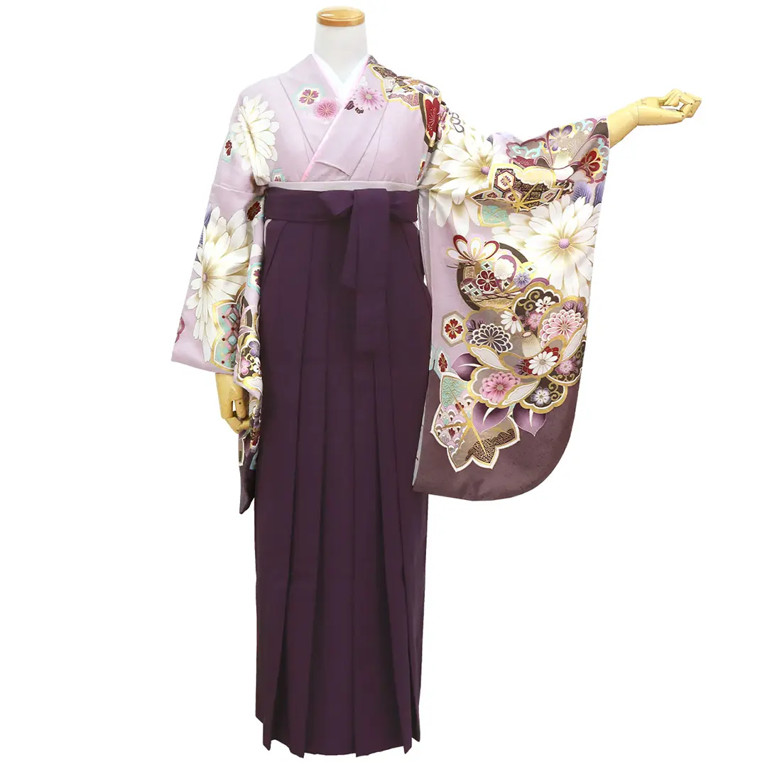 薄紫地にかわり椿と菊・紫袴（無地）（二尺袖）／卒業式／正面