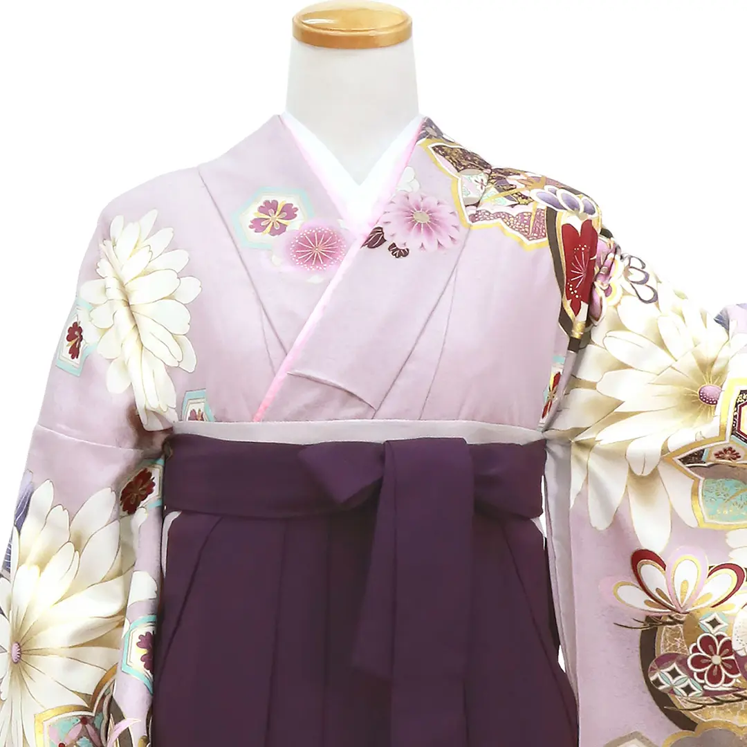 薄紫地にかわり椿と菊・紫袴（無地）（二尺袖）／卒業式／正面詳細