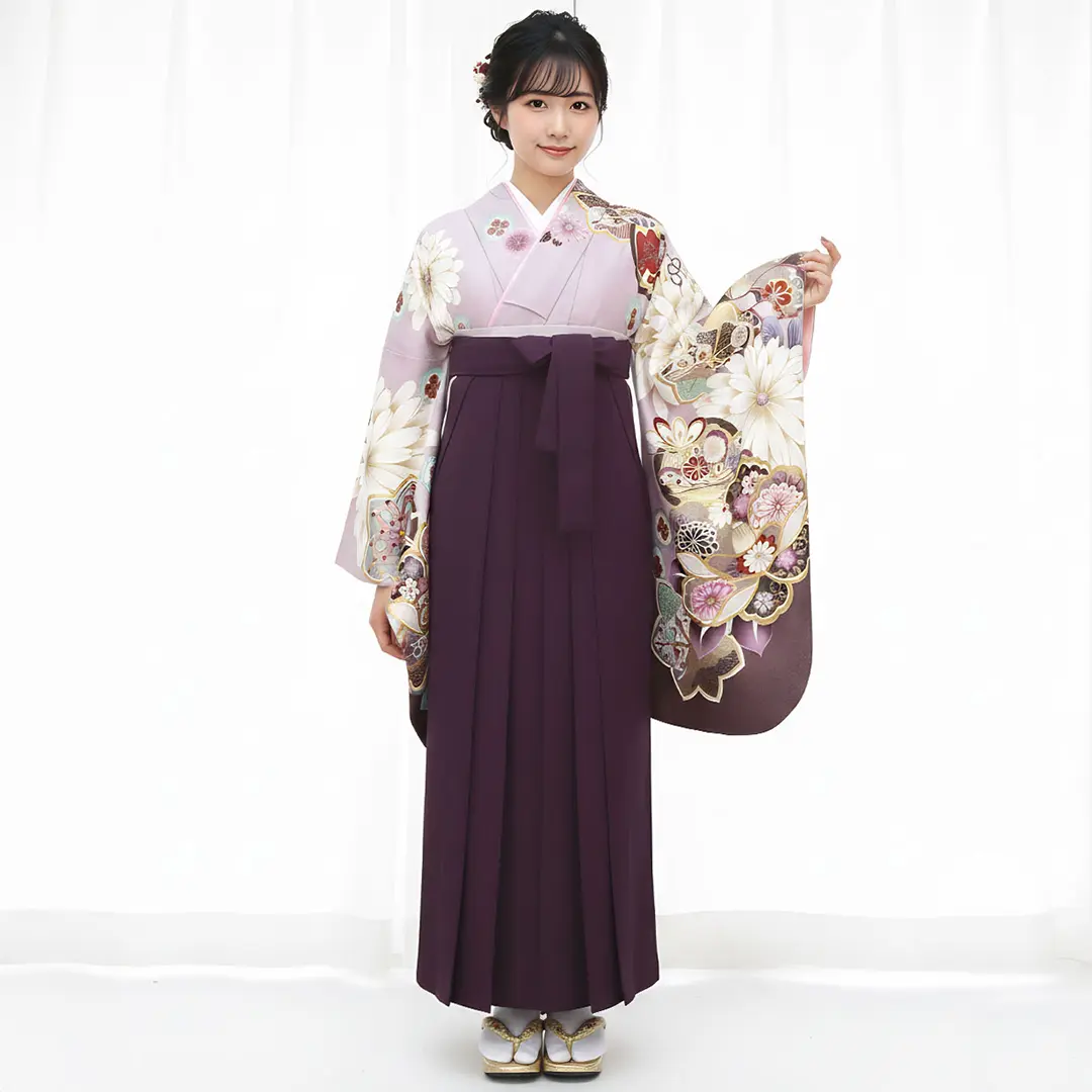 薄紫地にかわり椿と菊・紫袴（無地）（二尺袖）／卒業式／着用イメージ