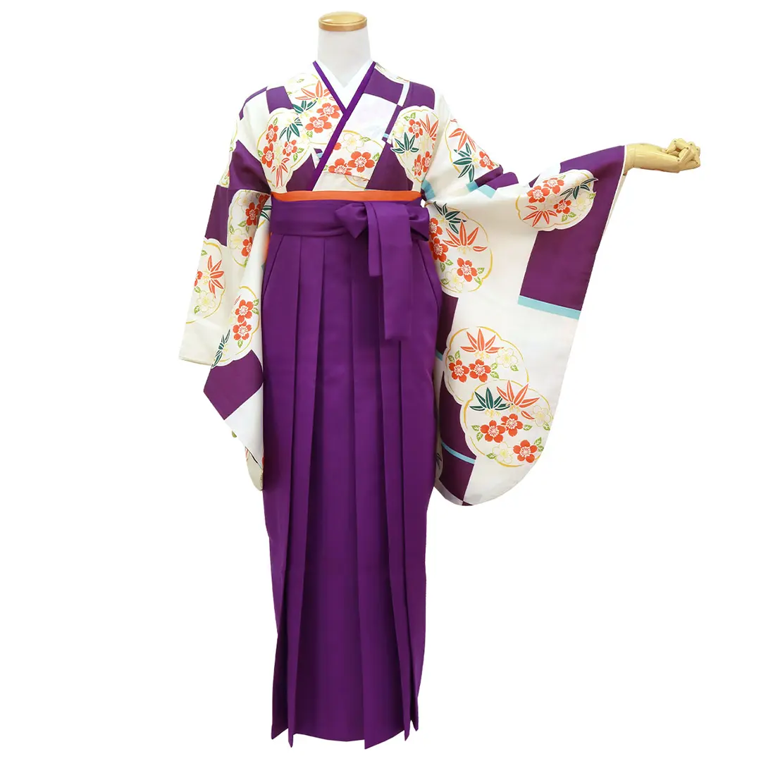 白地に紫のかわり格子と花丸紋・本紫袴（無地） （二尺袖）／卒業式／正面