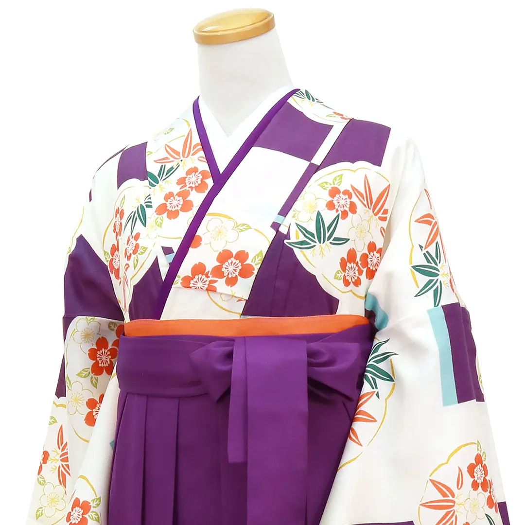 白地に紫のかわり格子と花丸紋・本紫袴（無地） （二尺袖）／卒業式