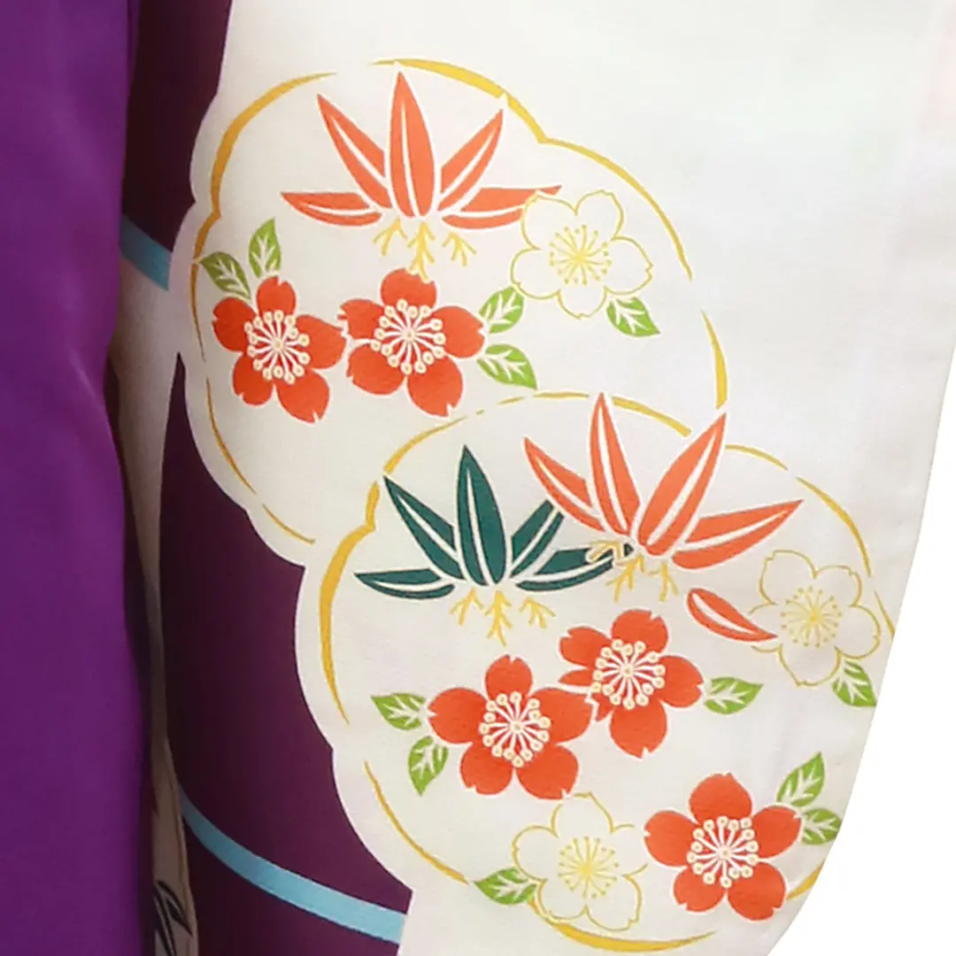 白地に紫のかわり格子と花丸紋・本紫袴（無地） （二尺袖）／卒業式／柄詳細